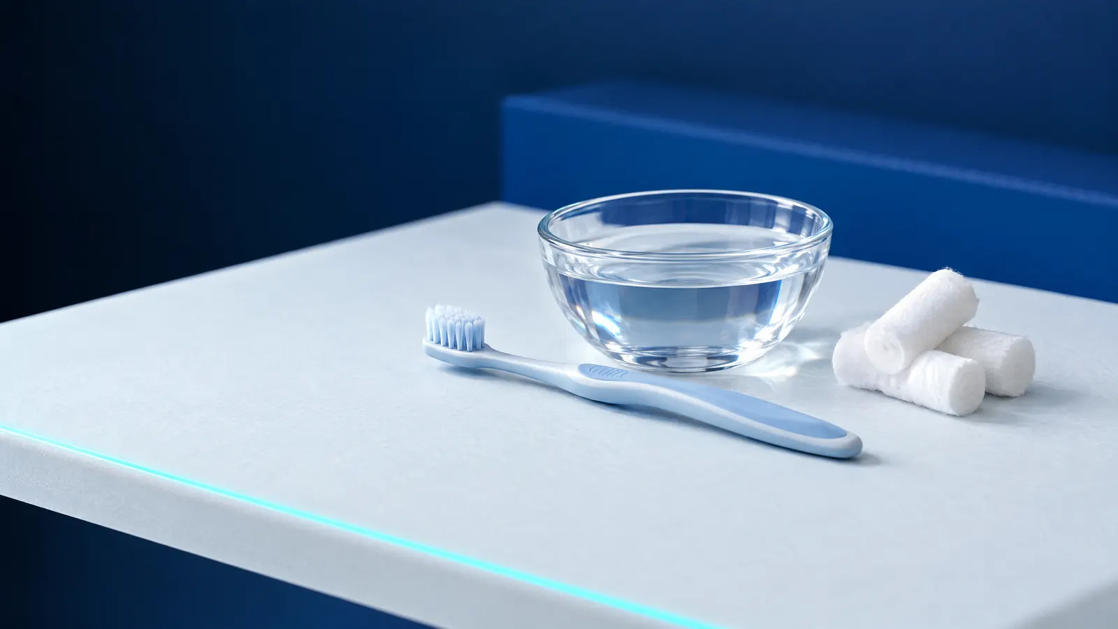 Eine Glasschale mit Wasser, eine extra weiche Zahnbürste und Watterollen
