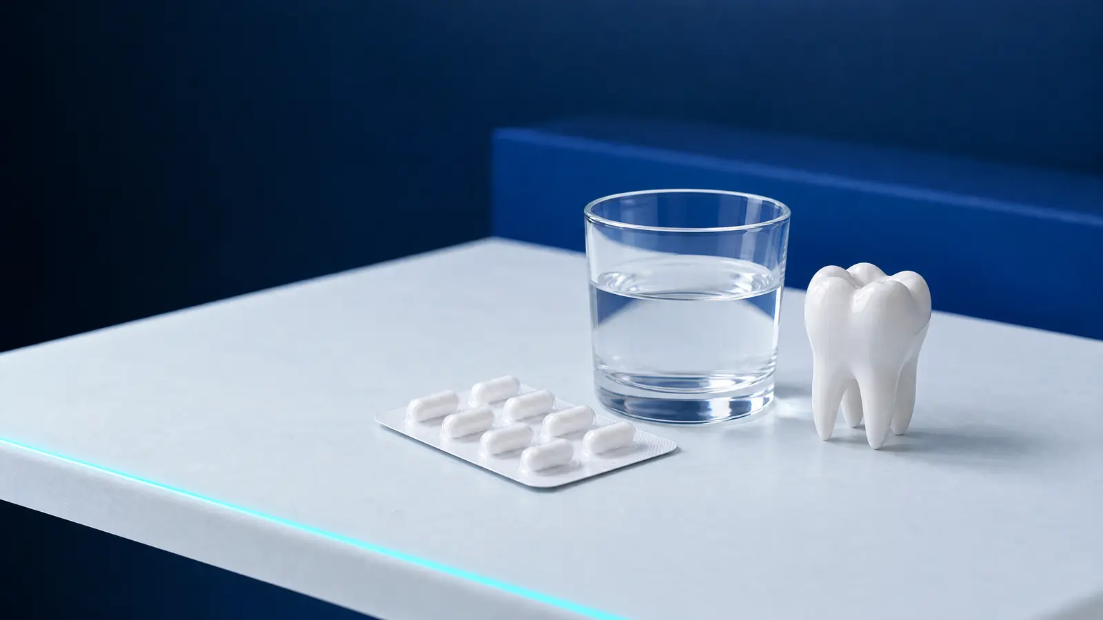 Ein unbedruckter weißer Blister mit Kapseln, ein Glas Wasser und ein Backenzahnmodell