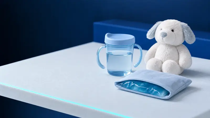 Ein Kinderbecher mit Wasser, ein Plüschhund und ein Kühlpack in hellblauer Hülle