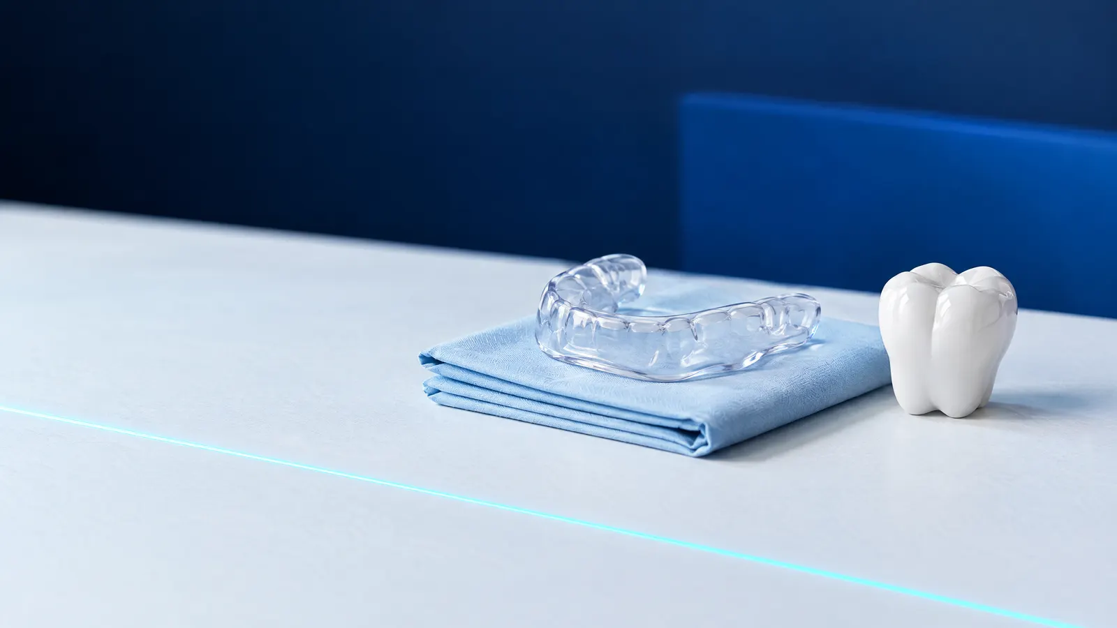 Eine durchsichtige harte Aufbissschiene auf einem hellblauen Tuch neben einem Backenzahnmodell