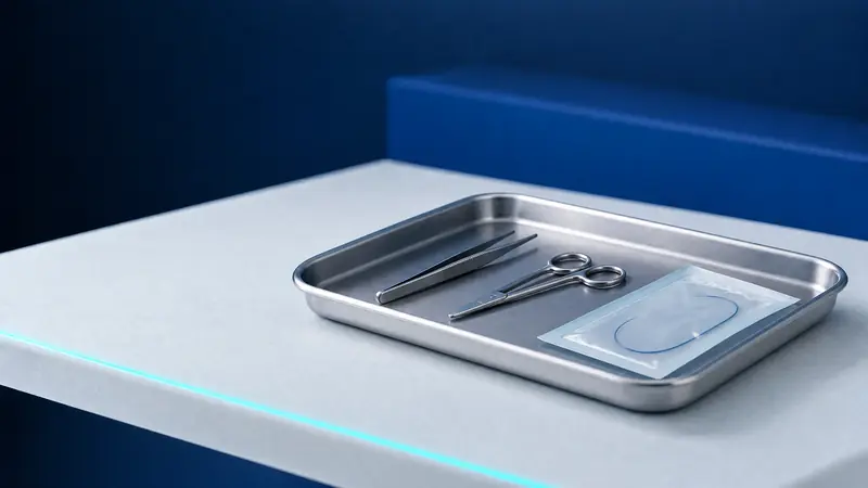 Ein chirurgisches Stahltablett mit Pinzetten, Schere und verpacktem Nahtmaterial