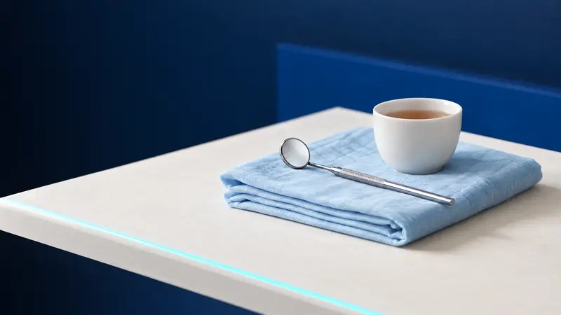 Ein gefaltetes hellblaues Musselintuch, eine Tasse Tee und ein Zahnspiegel
