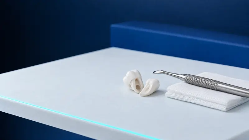 Ein in zwei Teile getrenntes Weisheitszahnmodell neben einem chirurgischen Hebel aus Stahl auf sterilem Tupfer
