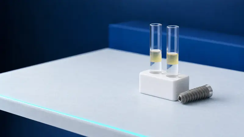 Zwei Reagenzgläser mit einer hellgelben Plasmaschicht im Ständer neben einem Titanimplantat