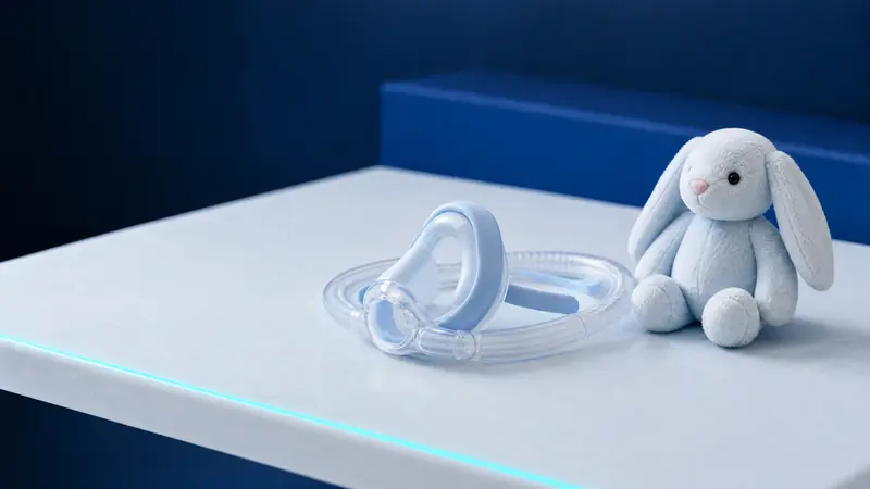 Eine hellblaue Nasenmaske für die Lachgassedierung mit durchsichtigem Schlauch neben einem Plüschhasen