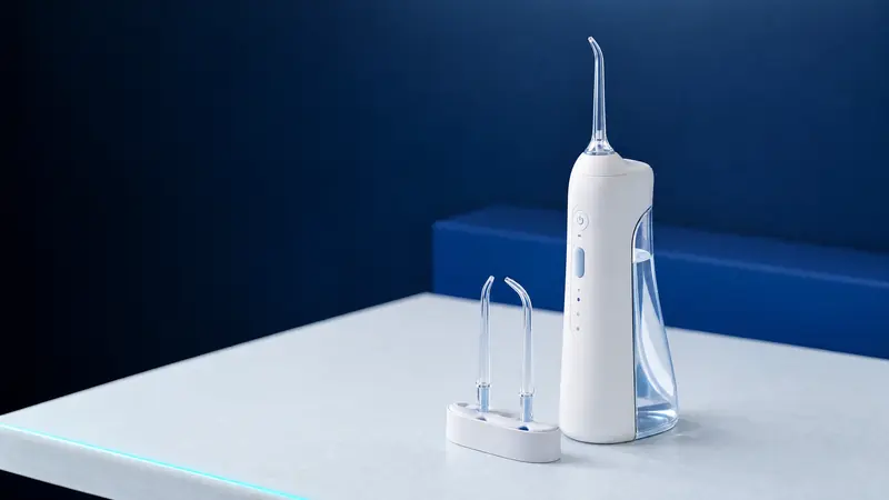 Eine weiße Munddusche mit durchsichtigem Wassertank und Aufsätzen