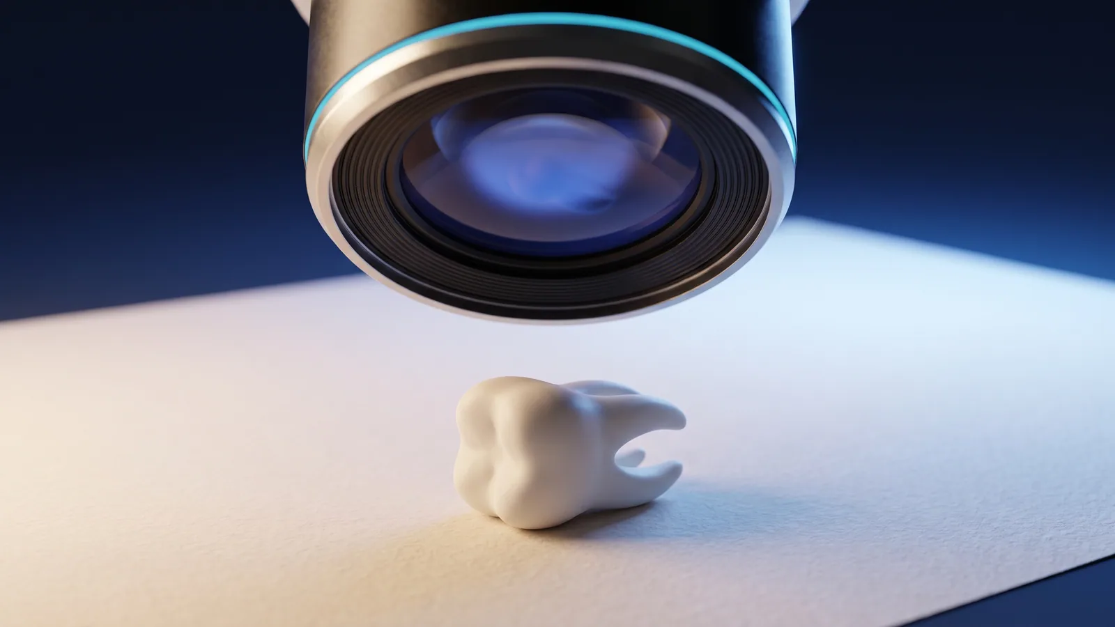 Das Objektiv eines Dentalmikroskops über einem Backenzahnmodell in dunkelblauem und kobaltblauem Licht