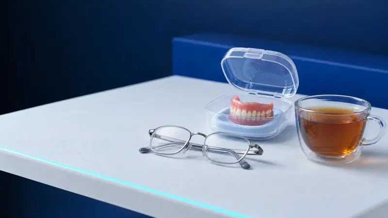 Eine Zahnprothese in einer offenen durchsichtigen Box, eine Lesebrille und eine Tasse Tee