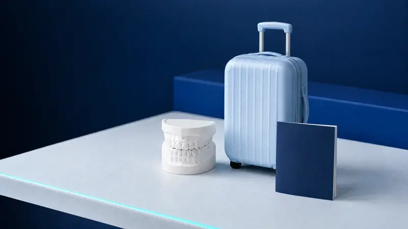 Ein hellblauer Handgepäckkoffer neben einem Zahnmodell und einem dunkelblauen Heft