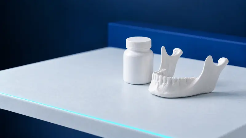 Eine weiße Tablettendose ohne Etikett neben einem anatomischen Unterkiefermodell