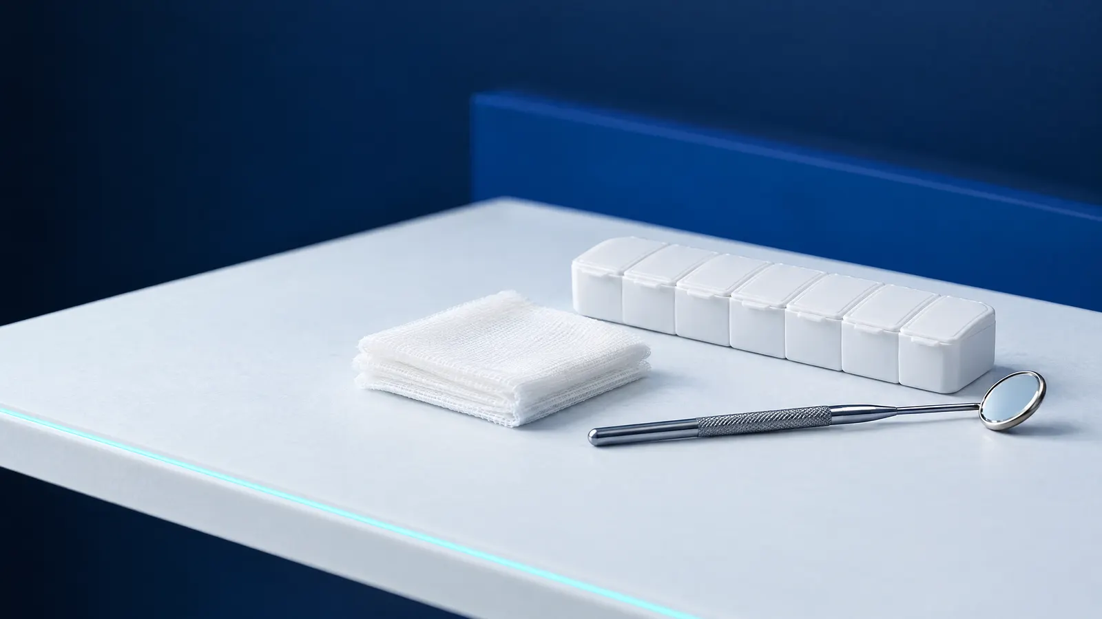 Eine weiße Wochen-Tablettenbox, sterile Tupfer und ein stählerner Mundspiegel