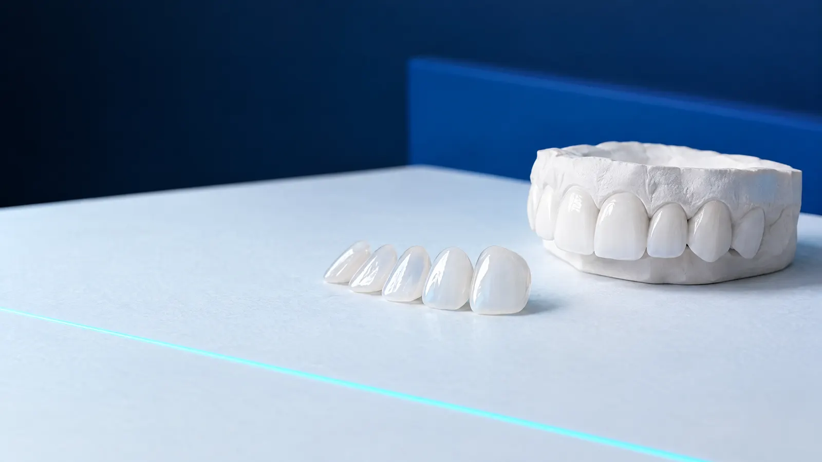 Eine Reihe dünner Keramikveneers neben einem Modell der oberen Frontzähne