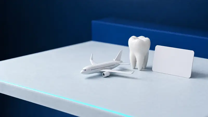 Ein weißes Modellflugzeug neben einem Backenzahnmodell und einer leeren Karte