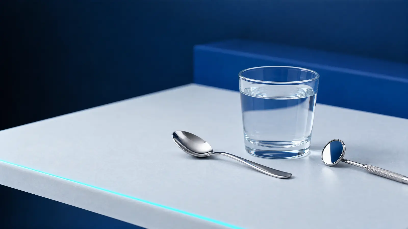 Ein Teelöffel aus Stahl neben einem Glas Wasser und einem Mundspiegel