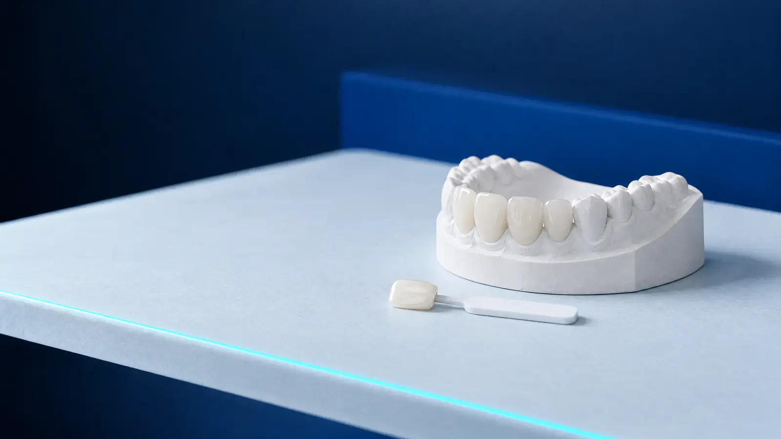 Ein Modell der oberen Frontzähne mit Wax-up der neuen Form und einem Farbmuster