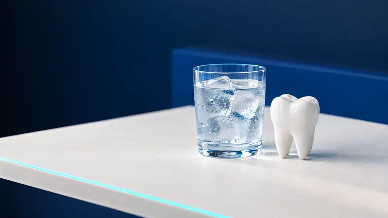 Ein Glas Eiswasser neben einem Keramikzahnmodell