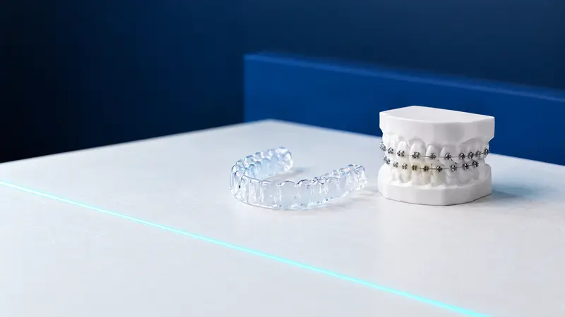Eine durchsichtige Aligner-Schiene neben einem Zahnmodell mit Metallbrackets einer festen Zahnspange