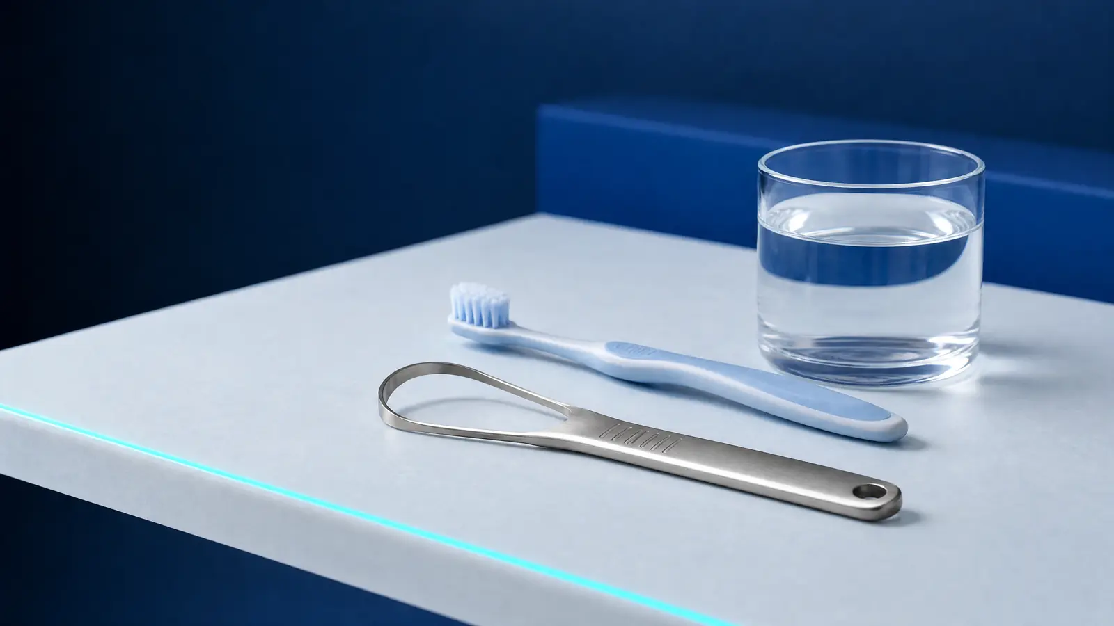 Ein Zungenschaber aus Stahl neben einer Zahnbürste und einem Glas Wasser