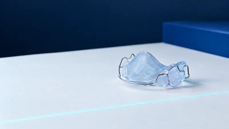 Eine herausnehmbare Kinder-Zahnspange mit hellblauer Kunststoffplatte und Stahldrähten
