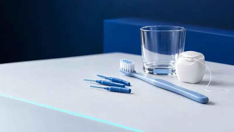 Interdentalbürsten, Zahnseide, eine Zahnbürste und ein Glas auf einer hellen Fläche