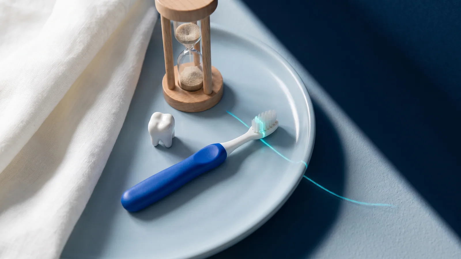 Eine Kinderzahnbürste mit kobaltblauem Griff, eine kleine Zahnfigur und eine Sanduhr auf einer hellblauen Fläche