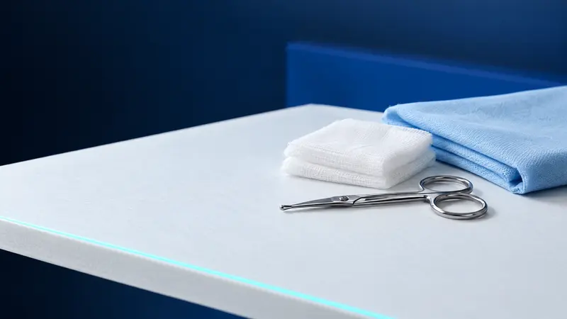 Eine kleine chirurgische Schere mit abgerundeten Spitzen neben sterilen Tupfern und einem hellblauen Tuch