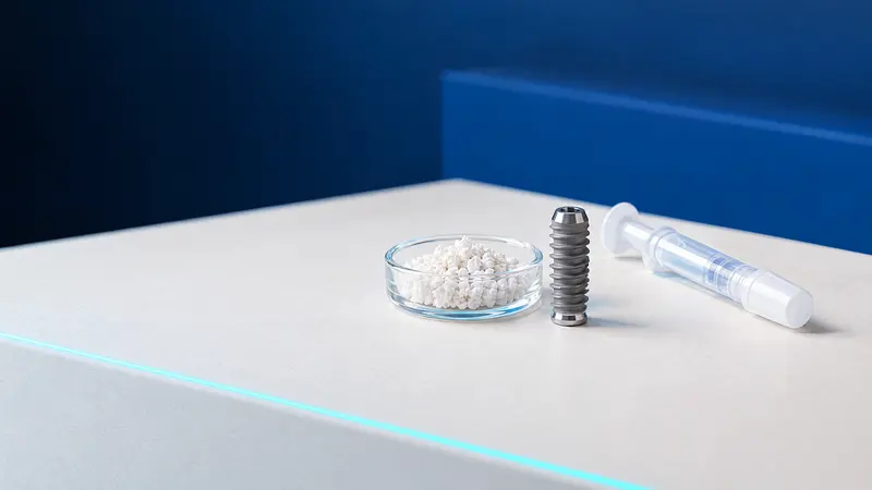 Eine Glasschale mit weißem Knochenersatzgranulat neben einem Titanimplantat und einer sterilen Spritze