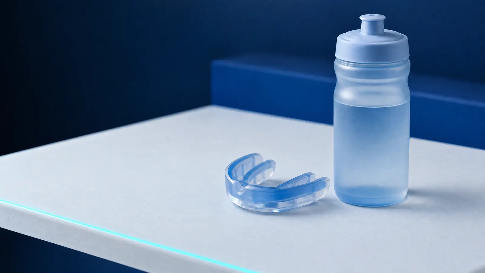 Ein blauer Sportmundschutz neben einer hellblauen Sporttrinkflasche