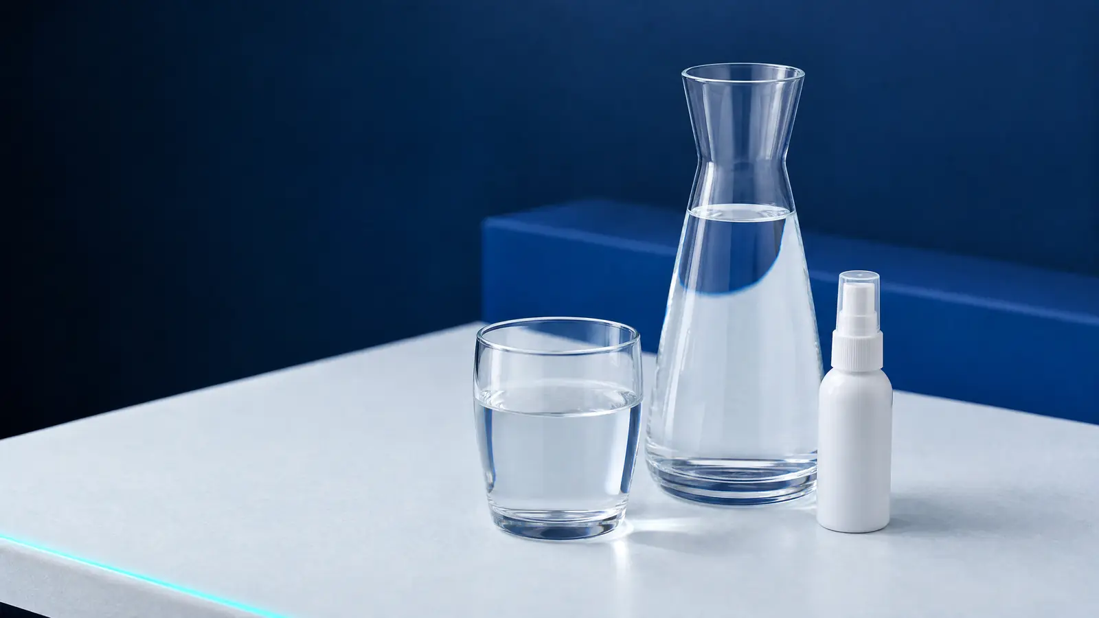Eine Glaskaraffe mit Wasser, ein Trinkglas und eine kleine Sprühflasche ohne Etikett