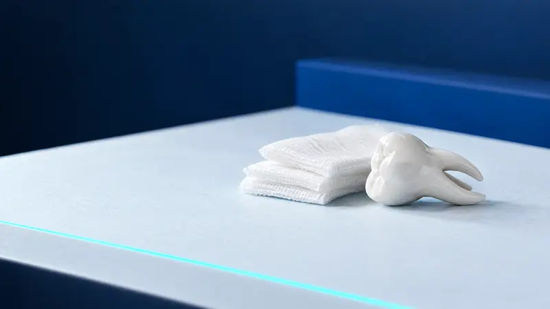 Ein Keramikmodell eines Weisheitszahns mit langen Wurzeln neben sterilen Mulltupfern auf einer hellen Fläche