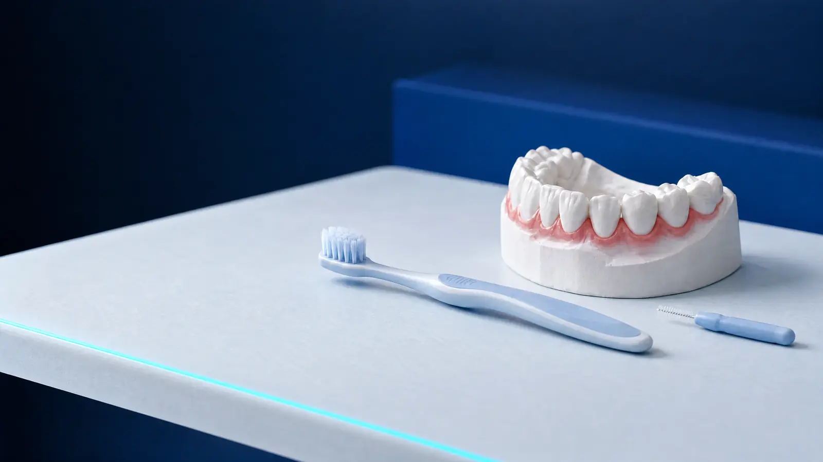 Ein Zahnmodell mit gerötetem Zahnfleischrand neben einer weichen Zahnbürste und einer Interdentalbürste