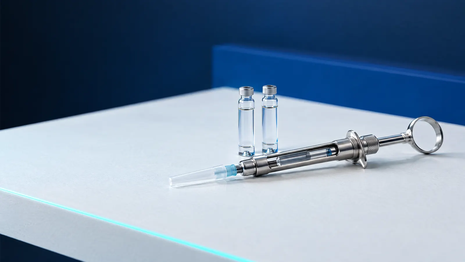 Eine stählerne Dentalspritze mit geschützter Nadel neben zwei Glaskarpulen