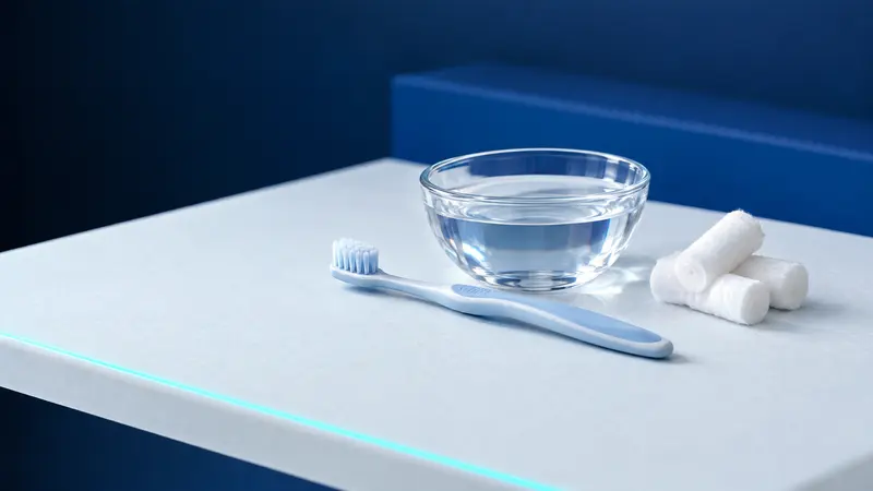 A glass bowl of water, an extra soft toothbrush and cotton rolls