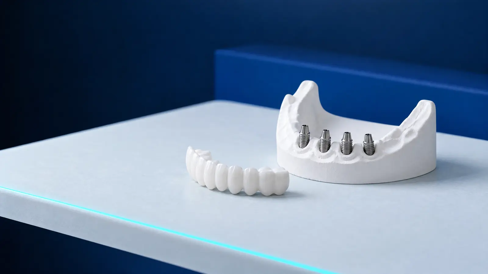A lower jaw model with four titanium implants and a white full-arch bridge beside it