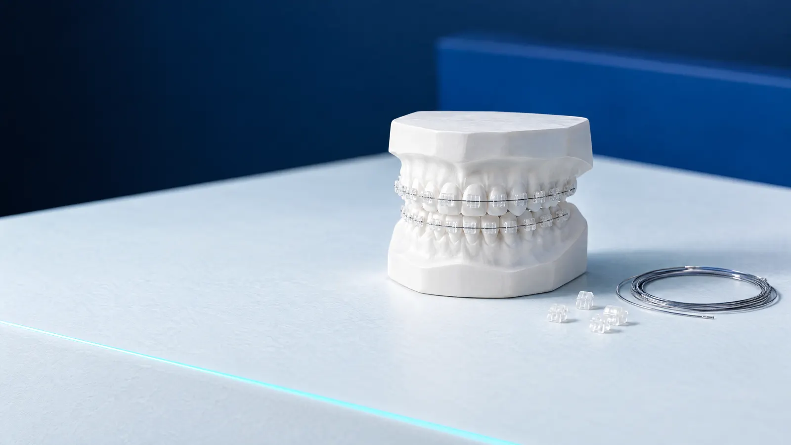 An adult dental model with clear ceramic brackets and a thin wire