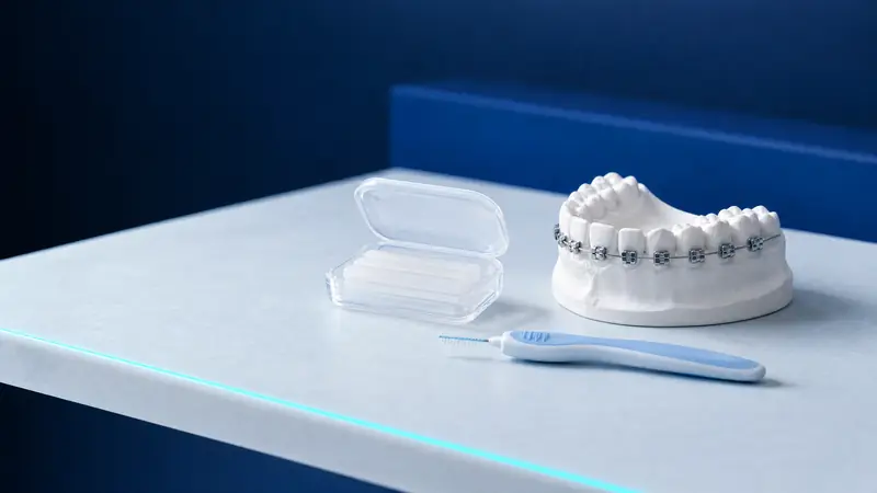 A box of orthodontic wax, an interdental brush and a dental model with fixed braces