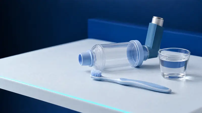 An inhaler with a spacer beside a glass of water and a toothbrush