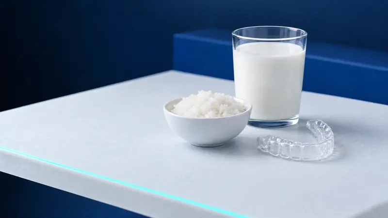 A glass of milk, a bowl of white rice and a clear whitening tray