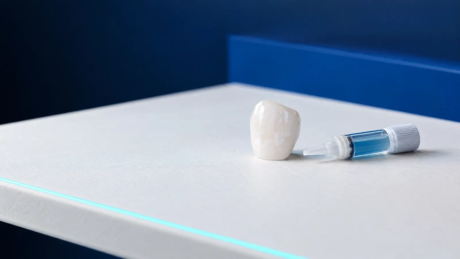 A front tooth model with faint chalky white spots beside a small applicator