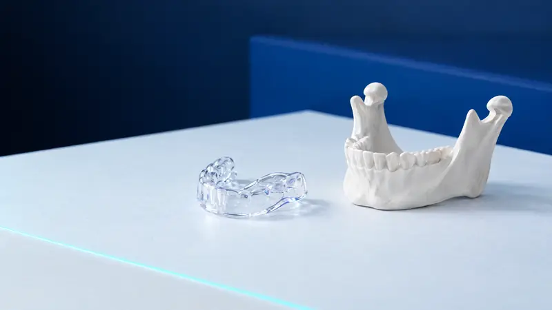 A clear occlusal splint beside an anatomical model of the lower jaw with its joint heads