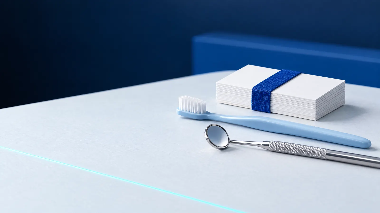 A stack of blank cards held by a cobalt band, a toothbrush and a steel dental mirror