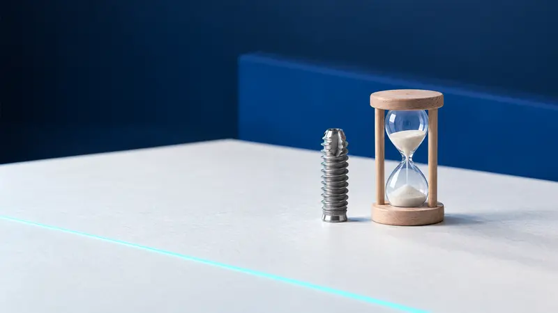 A titanium dental implant standing beside a wooden hourglass with pale sand