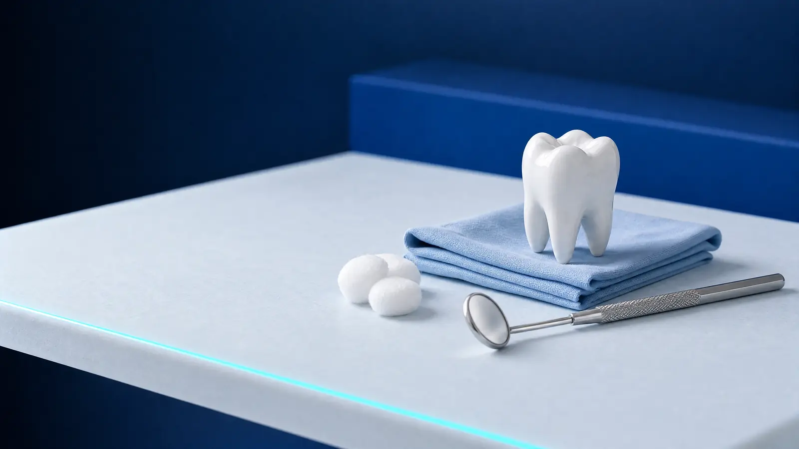 A molar model on a folded pale blue cloth with cotton pellets and a dental mirror