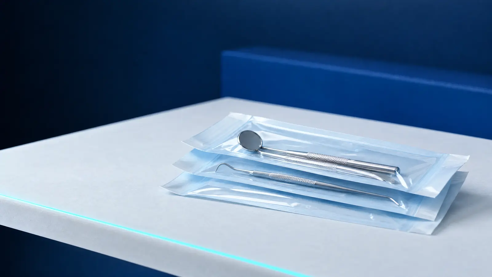 Steel dental instruments sealed in clear sterilisation pouches