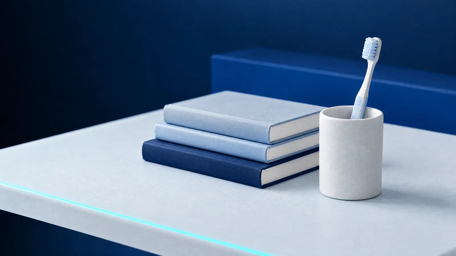 A stack of closed books in navy and pale blue covers and a toothbrush in a cup