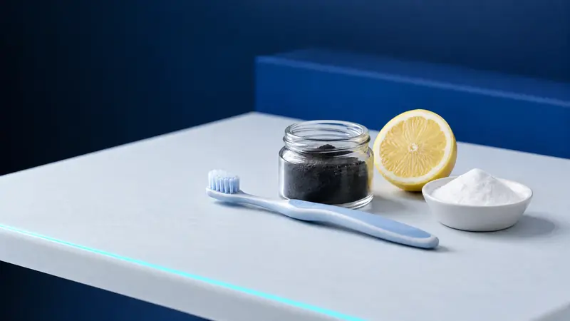 A jar of activated charcoal, a halved lemon, a bowl of baking soda and a toothbrush