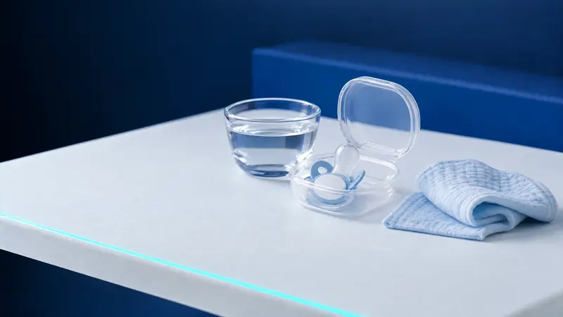 A pacifier in a clear sterilising box, a glass of water and a pale blue muslin cloth