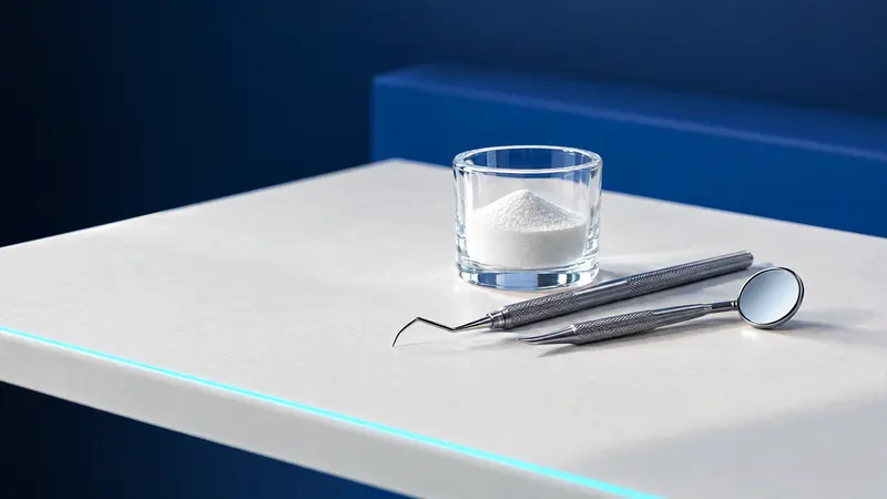 A steel scaler and a dental mirror beside a glass cup of polishing powder