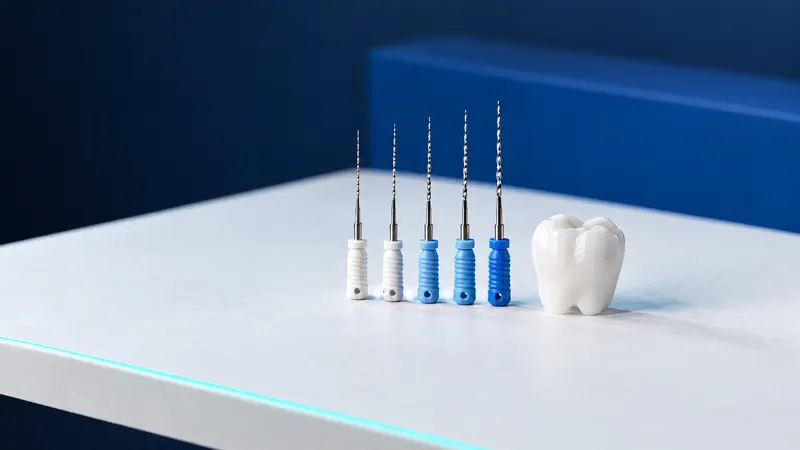 A row of steel endodontic files with white and blue handles beside a ceramic molar model