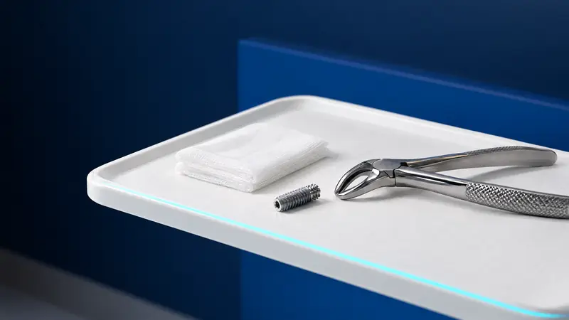 A titanium implant, extraction forceps and folded sterile gauze on a white tray
